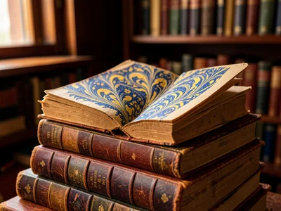 A stack of leather-bound books, the top one open showing marbled endpapers in bl