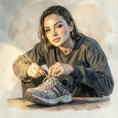 Editorial portrait of a model lacing a chunky-sole runner sneaker, hands at the 