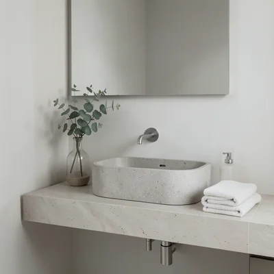 Bathroom vanity with stone basin, single faucet, folded towels, eucalyptus sprig