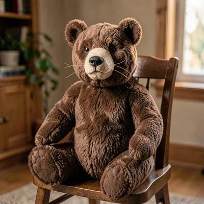 Portrait of a bear puppet seated on a chair facing the viewer, single side-light