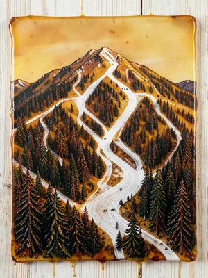 A ski resort mountain with white runs carved through dark evergreen forest