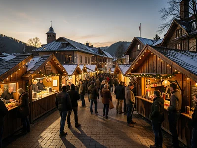 Christmas market stalls with wooden huts, lights, mulled wine, evening crowd