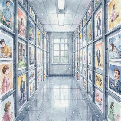 Painterly interior of a tall aisle lined with wide poster drawers, dust-motes in