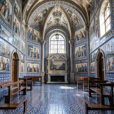 Azulejo tile geometry, Portuguese ceramic culture, A church interior with cerami