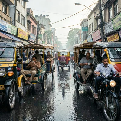 Kinetic density of Dhaka, Bangladesh, Tea stall surrounded by parked rickshaws, 