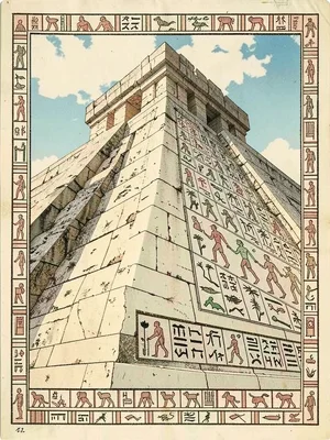 Stone staircase of ancient pyramid, steep angle from base looking up to sky