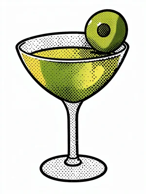 Cocktail glass with an olive, flat yellow-green liquid, oversized halftone bubbl