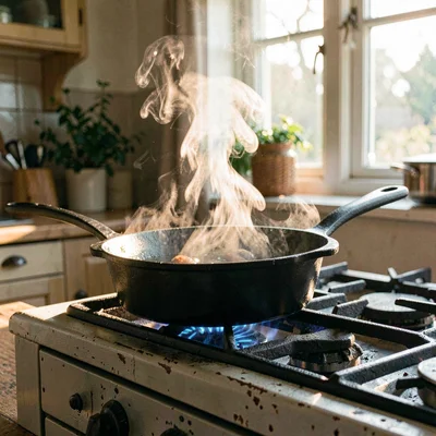 Cozy ig-tile of a dutch oven simmering on a worn farmhouse range, gentle plume o