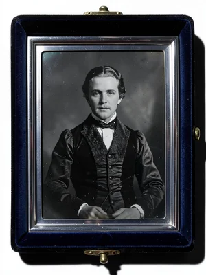 Daguerreotype-style portrait of person in Victorian costume, dark tones, hauntin