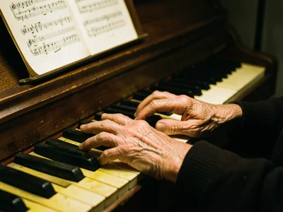 An elderly person's hands playing piano, the fingers spread across an octave sho