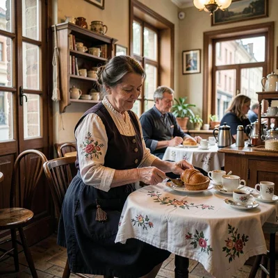Habsburg café warmth surviving in Lviv, Ukraine, grandmother serving pastry in h