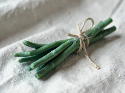 Greenly drooping sage scallion bunch tied with thumb-pressed twine, slumped to o