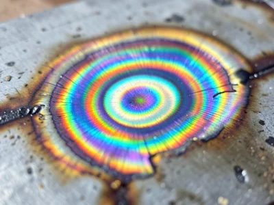 Titanium weld heat-affected zone, concentric color rings around the weld bead, t