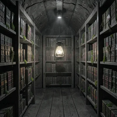 Charcoal interior of a cellar archive overflowing with moss-bound ledgers, singl
