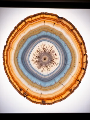 Brazilian agate slice with concentric fortress-like banding, warm orange outer r