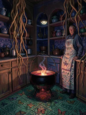 Underplant-lit bog-witch's kitchen at deep night with one cauldron glowing garne