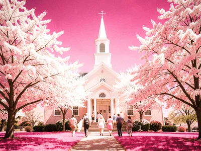 A church with a white steeple surrounded by white-foliaged dogwood trees in full