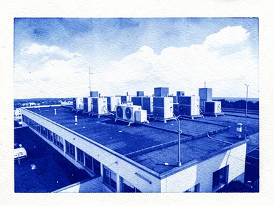 An air conditioning unit array on a commercial building roof