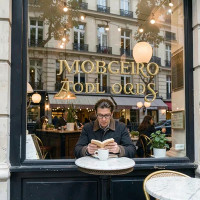 A Parisian cafe window from outside, single patron reading inside, gold letterin