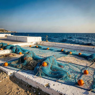Mediterranean summer photograph, August dry heat, Fishing nets spread on a concr
