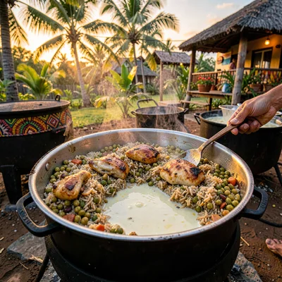 Vivid photograph with Trinidadian cultural fusion aesthetic, Pelau cooking in a 