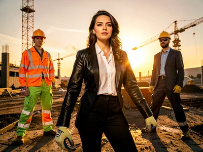 Construction site at golden hour, workers as models in industrial landscape