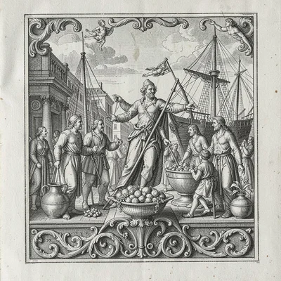 Commerce with cornucopia and ships