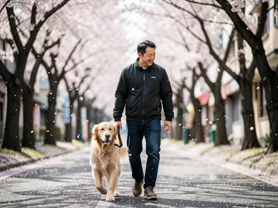 Man walking a golden retriever along a tree-lined street with cherry blossoms fa