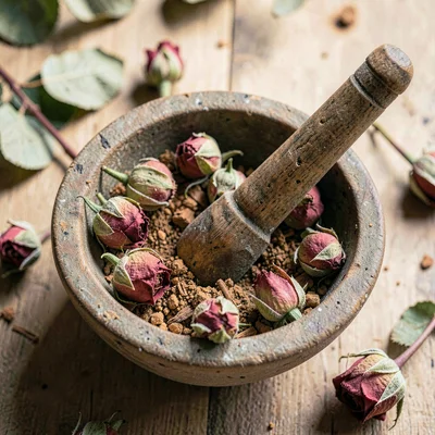 Botanical overhead of dried rosebuds and crushed cinnamon bark in a small cerami