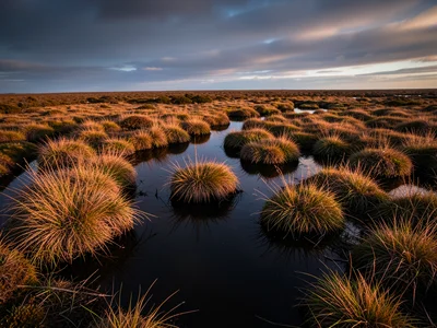 Tussock grass and standing water — clumps of marsh grass with dark water between