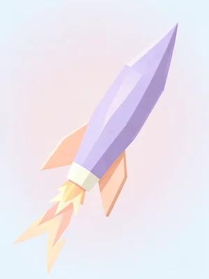 Pointed lavender lowpoly rocket with peach fins and a cream tip, triangulated ex
