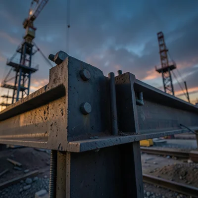 Detail of a bolted steel connection: the massive bolts and plates joining two I-