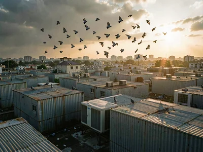 Pigeon-flutter scatters above a dense rooftop AC field as low golden light rakes