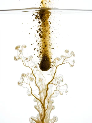 Single drop of gold metallic ink dispersing, heavy pigment particles settling wh