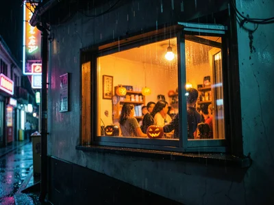 Window of house from outside, halloween party visible inside, warm orange light