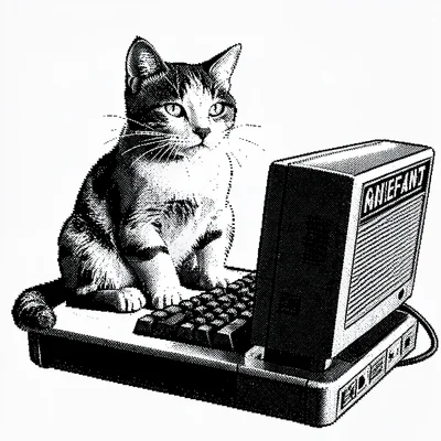 1-bit dithered illustration, cat sitting on computer , black and white only, dit