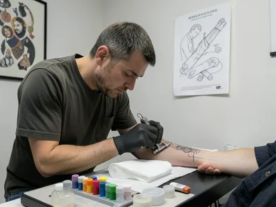 A tattoo artist working on a forearm piece, hunched over their client's arm with