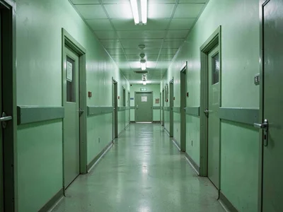 Psychiatric ward corridor, mint green walls, soothing by design, unsettling by e