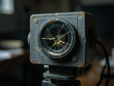 Broken webcam with cracked lens housing, gold filling the fracture around the gl