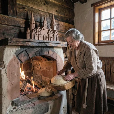 Maramures wooden craft, hand-carved church detail, A grandmother baking bread in