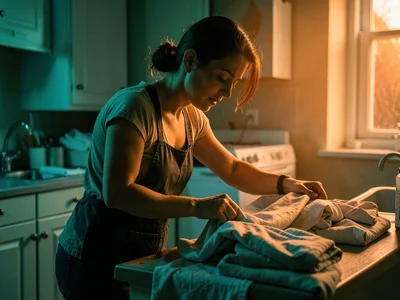 Woman doing laundry, folding sheets like she's defusing bombs in a thriller