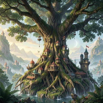 Fantasy environment illustration, a tree of world proportions, civilizations bui