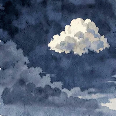 A solitary cumulus cloud-shape floats high-right in pale champagne against deep
