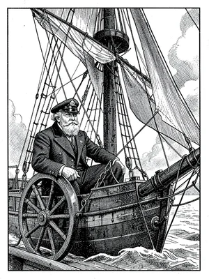 Victorian sea captain at ship wheel