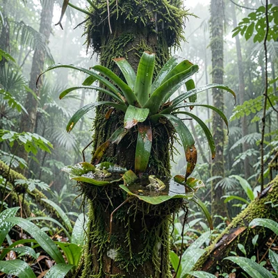 Tropical rainforest photograph, humid jungle atmosphere, Bromeliads growing on a
