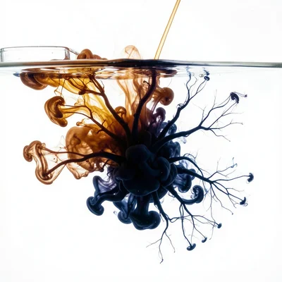 Dark amber and navy ink blooming in water, masculine warmth swirling