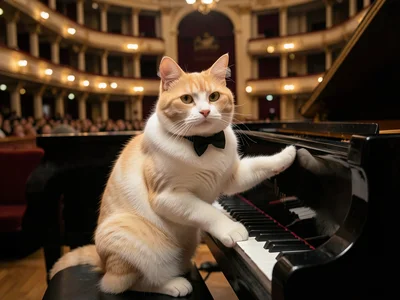 at a grand piano in a concert hall, paws on the keys, wearing a bow tie