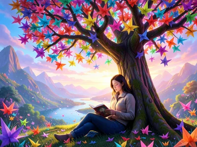 Person reading a book under a tree whose leaves are made of folded paper cranes