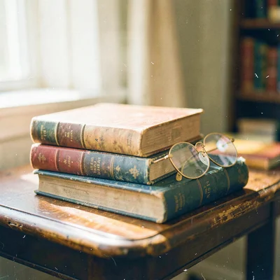 Stack of old books on a side table with reading glasses