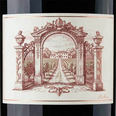 Wine label illustration, Ornate winery gates , elegant estate scene, vineyard ae